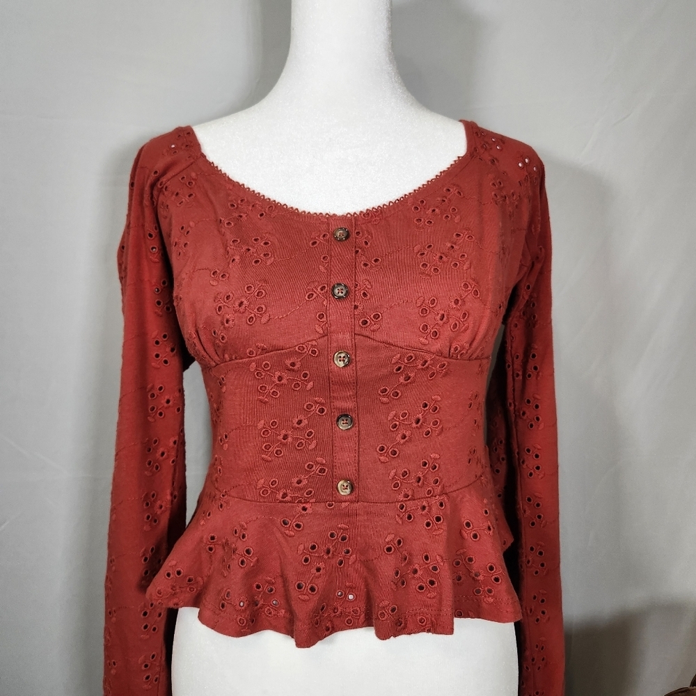 ASOS Rust Eyelet Button-Up Peplum Blouse
